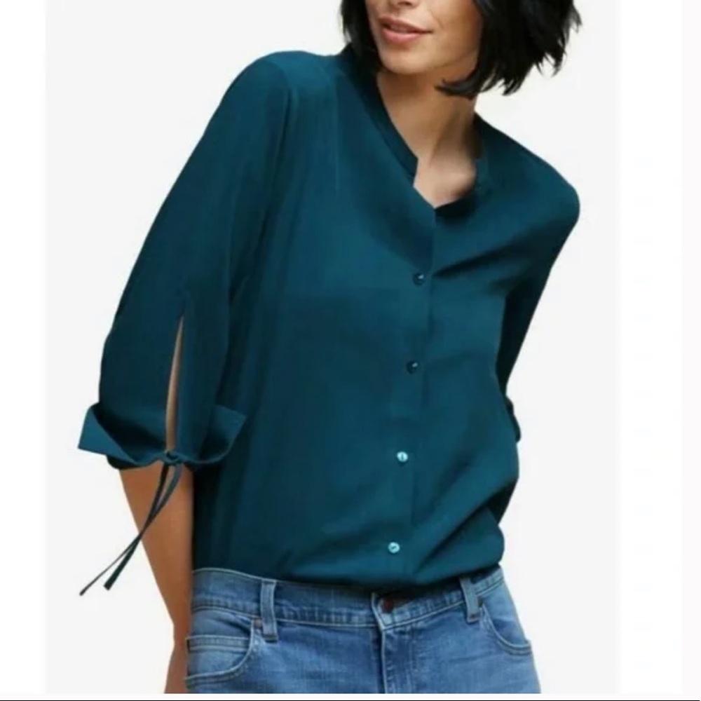 Eileen Fisher Fuji Silk Blouse Dark Jewel Teal Size PL